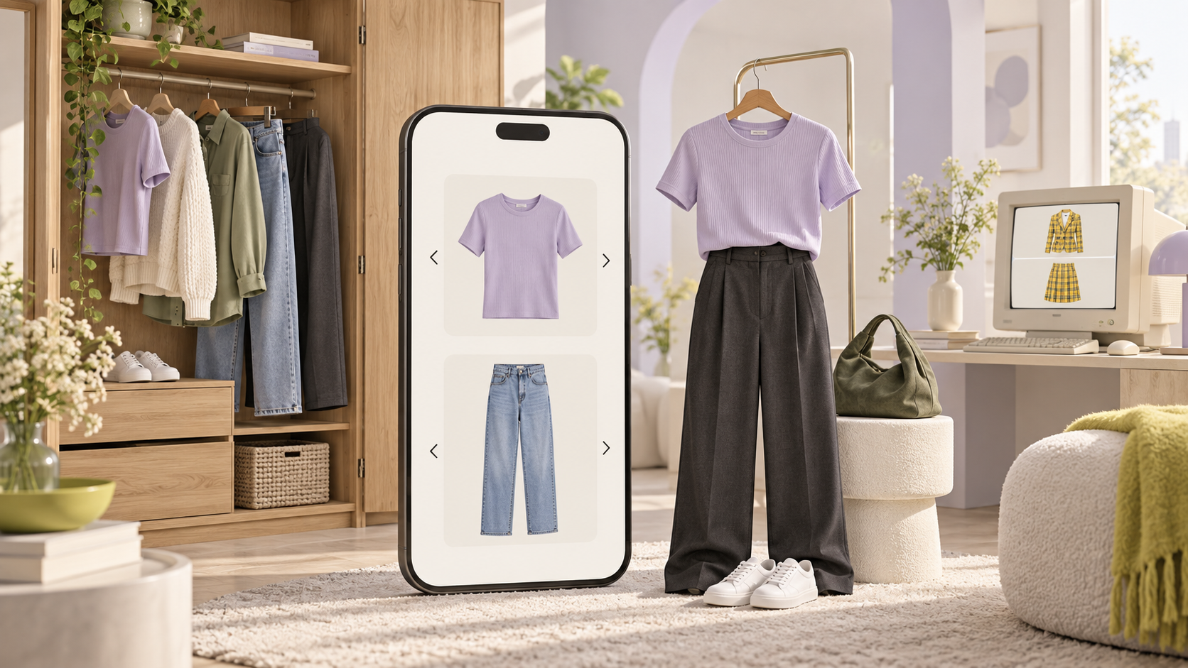 Illustration eines Kleiderschranks mit Kleidung, einem großen Smartphone und einem Retro-Computer.